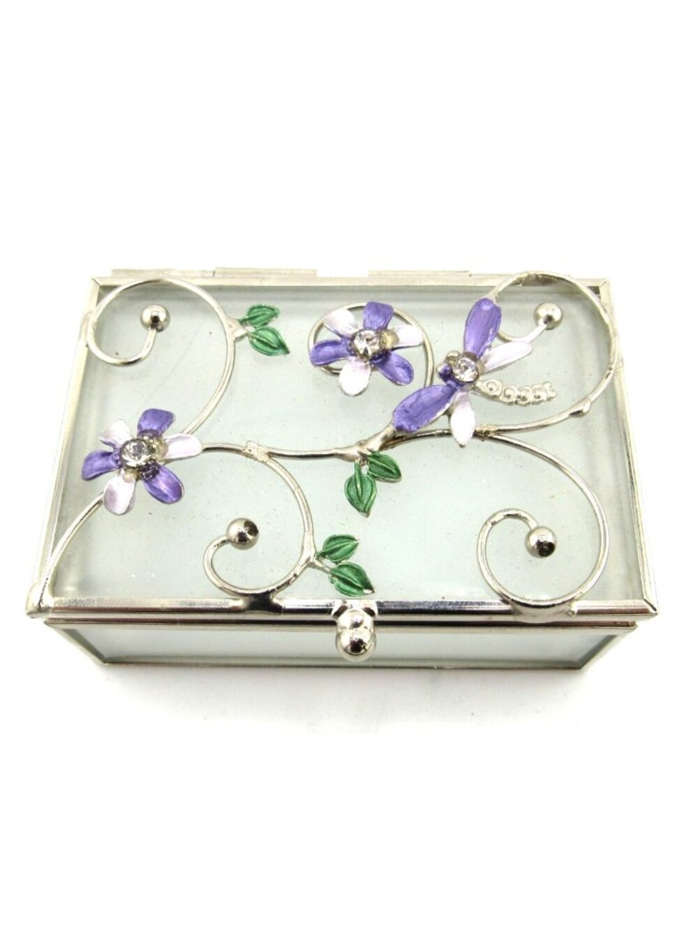 VINTAGE DRAGONFLY/FLORAL FROSTED GLASS METAL TRIM VANITY TRINKET JEWELRY BOX